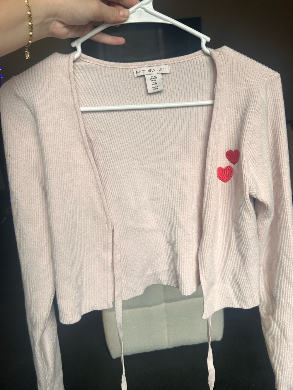 Y2K Light Pink Cardigan with Red Heart Embroidery